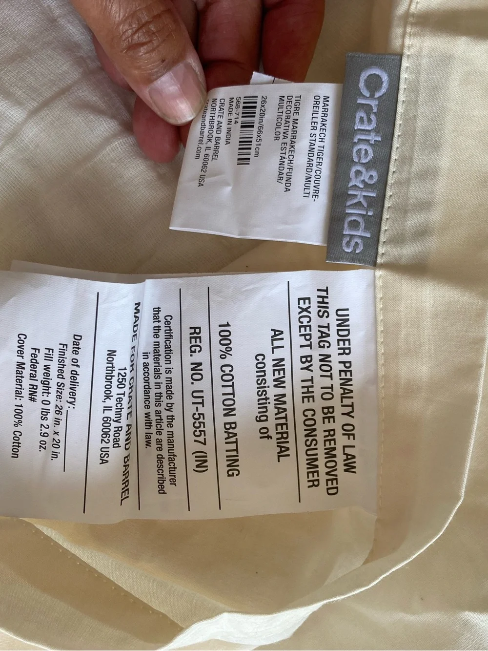 Crate & Barrel Cream Quilted Pillow Sham with Orange Floral Appliqué Standard
